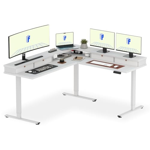 FLEXISPOT 71" Large L Shaped Standing Desk Electric Corner Table with Shelf and 4 Storage Drawers