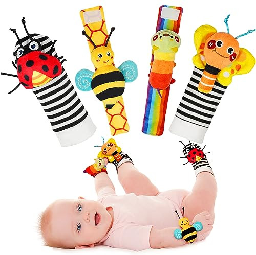 Infinno Baby Wrist Rattles and Foot Finder Socks 4-Pack