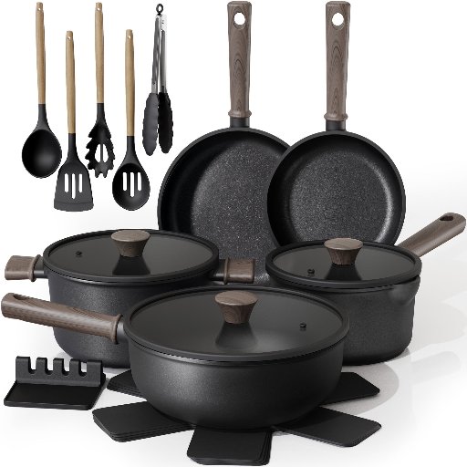 Astercook 18-Piece Black Titanium Induction Nonstick Cookware Set