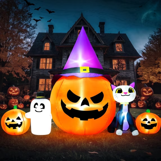 Yexmas 8ft Halloween Inflatable Pumpkins Outdoor Decor with Black Cat and Spectre