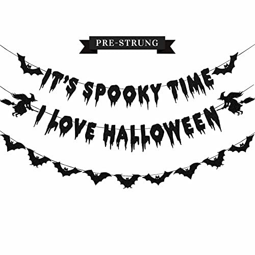 Glittery Black It's Spooky Time I Love Halloween Banner and Bats Garland