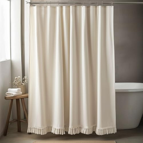 Linen Shower Curtain with 1 Tassel (Beige)