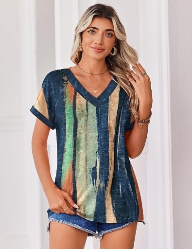 Zeagoo Rolled Short Sleeve V-Neck Casual Blouse Deal