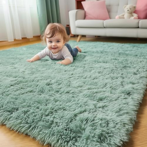 Sage Green Fluffy Area Rug, 5X8