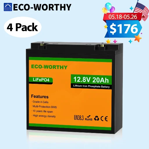 4-Pack ECO-WORTHY 12V 20Ah LiFePO4 Lithium Battery
