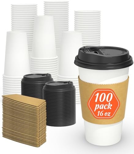 100-Pack 16-Ounce Dealusy Disposable Coffee Cups w/ Lids & Sleeves Deal