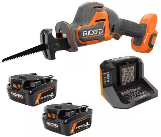 RIDGID 18V Max Output (2) 4.0Ah Battery and Charger with FREE 18V Subcompact Brushless One-Handed Recip Saw