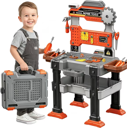 Adofi 2-in-1 Kids Tool Bench Play Set for Toddlers 3-5, 155 Pieces with Electric Drill