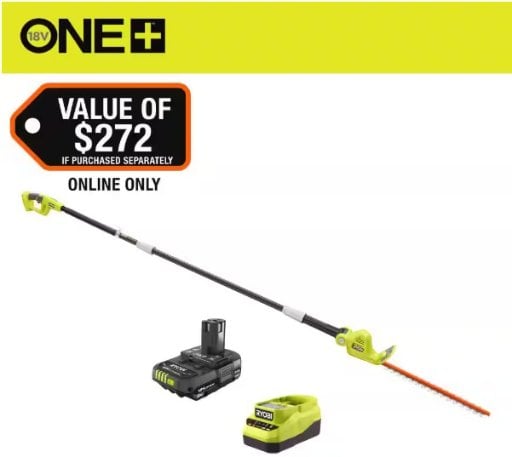 RYOBI ONE+ 18V 18 in. Cordless Battery Pole Hedge Trimmer with 2.0 Ah Battery and Charger Deal