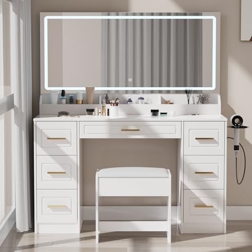 43" Makeup Vanity Desk with Mirror and LED Lights, Power Outlet, 3 Color Modes, 7 Drawers Deal