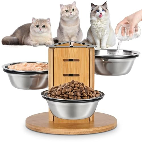 3-Bowl Jazuiha Cat or Dog Elevated Stainless Steel Feeding Bowl Station