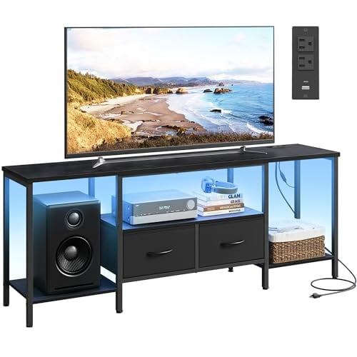 SONGMICS BELLAH Collection TV Stand with Power Outlets and Lights for TVs Up to 70 Inches