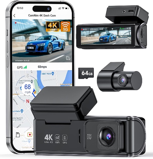 Dash Cam Front and Rear 4K+1080P Dual Camera with 64GB SD Card