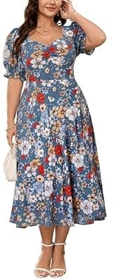 SCOMCHIC Plus Size Boho Floral Puff Sleeve Sweetheart Neck Ruched Bust Flowy A-Line Sun Midi Dress Deal