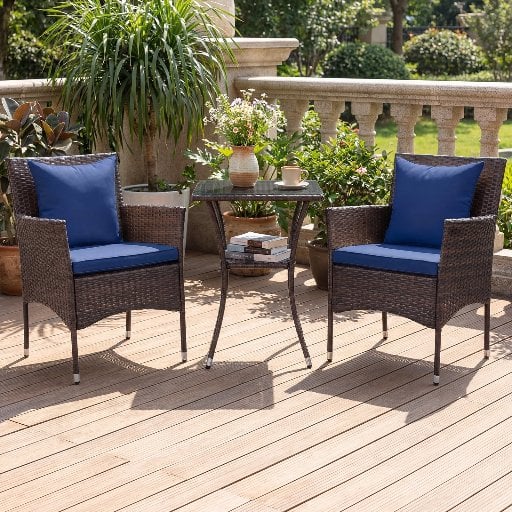 Costway 3PCS Patio Wicker Bistro Set with 2 Rattan Chairs and Double-Tier Tempered Glass Table Mix Brown+Blue