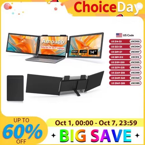 Amoudo 14 Inch 1920*1080P IPS Portable Triple Monitor with USB-C Port