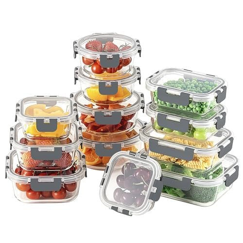 Homberking 24-Piece Borosilicate Glass Food Storage Containers with Snap Locking Lids (Grey)