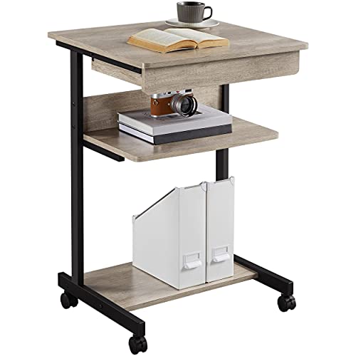 Yaheetech Mobile Computer Desk 3-Tier Rolling Cart with Drawer Gray
