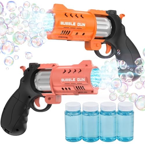 EagleStone Revolver Bubble Guns for Kids w/ LED Light Up & 4 Bubble Solution Bottles 2-Pack