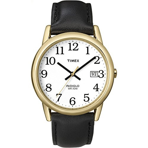 35mm Timex Men's Easy Reader Watch – Gold-Tone Case White Dial with Black Leather Strap