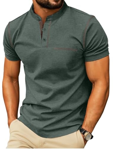 Sailwind Mens Henley Shirts Short Sleeve Summer Casual Classic Cotton T Shirts Pocket Button Shirt Green Deal