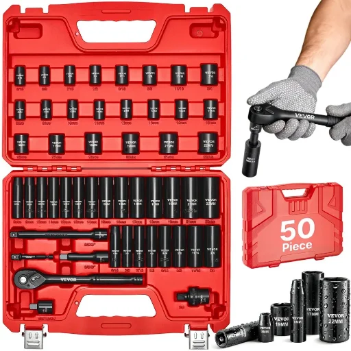 VEVOR 50 Pcs 3/8 in Drive 6 Point Deep & Shallow Impact Socket Set (SAE&Metric) Deal