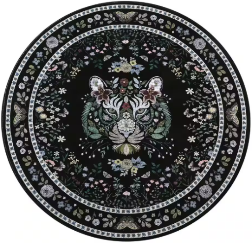 Black 4 ft. x 4 ft. Round Washable Tiger Print Rug