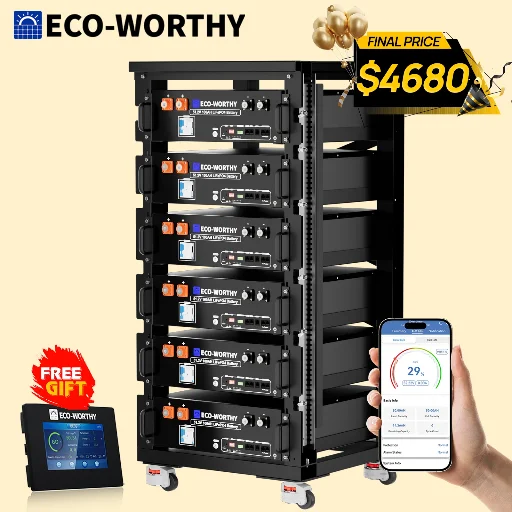6-Pack ECO-WORTHY 48V 100Ah LiFePO4 Batteries + Battery Monitor + Server Rack