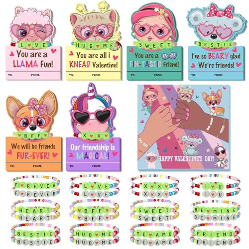 Valentines Day Cards with Glow in the Dark Beaded Bracelets 24-Pack