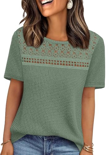 Short Sleeve Lace Waffle Knit Shirts for Women