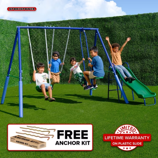 Sportspower Swingin Fun and Slide Metal Swing Set w/ Glider, 2 Swings, 5' Double Wall Slide and Bonus Anchor Kit Deal