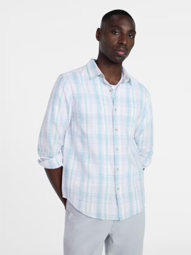 George Men's Linen Blend Button-Up Shirt (Cream Plaid, Size S-5XL) Deal