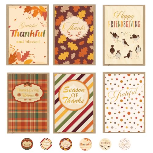 Thboxes 36-Pack 4" x 6" Thanksgiving Greeting Cards with Envelopes & Stickers (6 Designs)