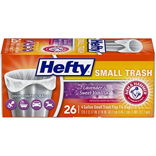 Hefty Small Trash Bags, Flap Tie, Lavender & Sweet Vanilla Scent, 4 Gallon, 26 Count Deal