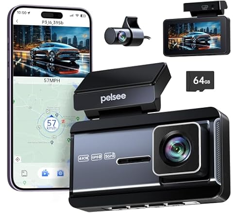 Pelsee P3 4K + 1080p Dual Dash Cam w/64GB SD Card