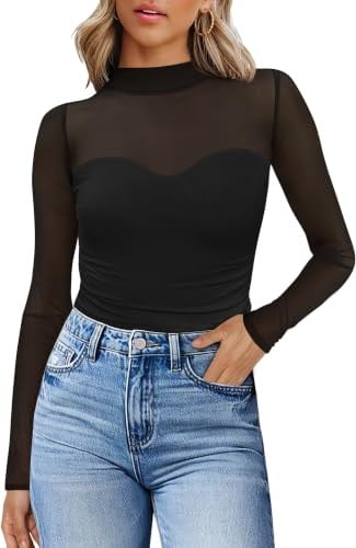 WIHOLL Long Sleeve Mesh Turtle Necks Tops  Deal