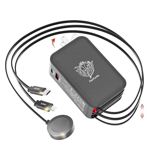 FlexTurtle 5-in-1 Retractable Charger w/ Apple Watch Charger, 35W USB-C & 12W Lighting Cables