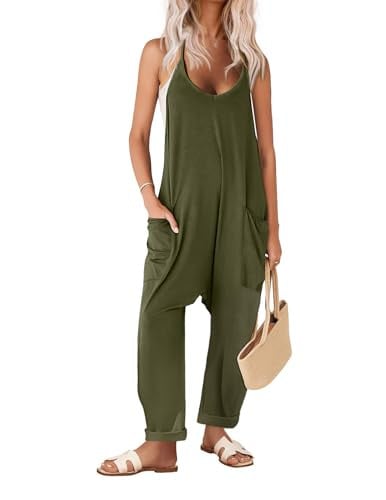 Ekouaer Womens Jumpsuit Sleeveless Casual Summer Overalls Jumpers Spaghetti Strap Baggy Long Pants Rompers with Pockets Green M Deal