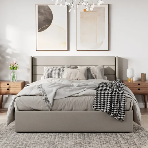 Latitude Run Braya Queen Hydraulic Lift-Up Storage Upholstered Platform Bed (Greige Linen)