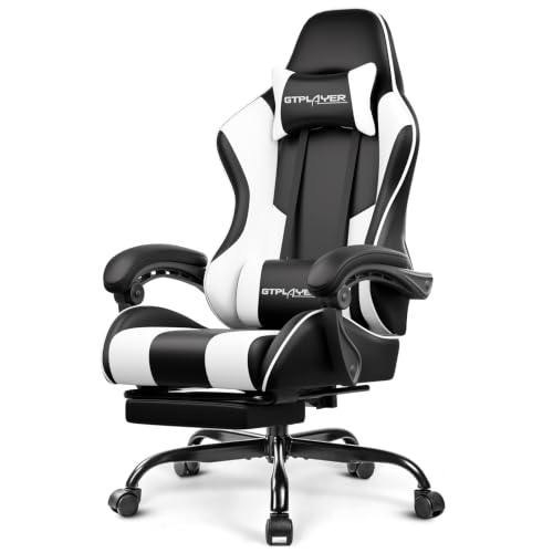 GTPLAYER Gaming Chair w/ Footrest, Lumbar Support & Headrest (Pearl White)