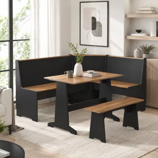 Merluxy Breakfast Nook Corner Dining Table Set with Hidden Storage, Oak, L-Shaped Black Chairs