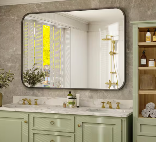 26 in. W x 38 in. H Rectangular Aluminum Alloy Framed Rounded Black Wall Mirror
