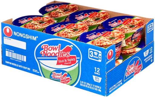 Nongshim Bowl Noodle Hot & Spicy Ramen Noodle Soup Bowl, 3.03oz x 12
