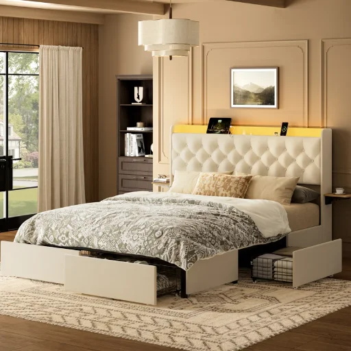 Coba Upholstered Platform Bed with Storage Drawers and Charging Station