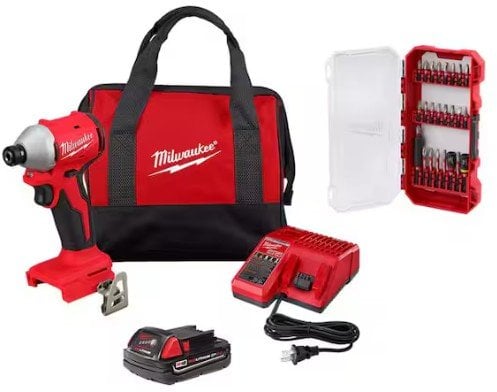 Milwaukee M18 18V Lith-Ion Compact Brushless Cordless Impact Driver Kit with One 2.0 Ah Battery & 25-Piece Bit Set Deal