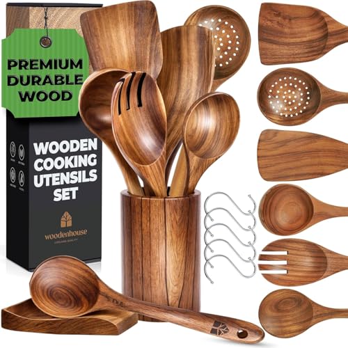 Wooden Utensil Set, 8 Pcs Teak Wooden Spoons with Holder