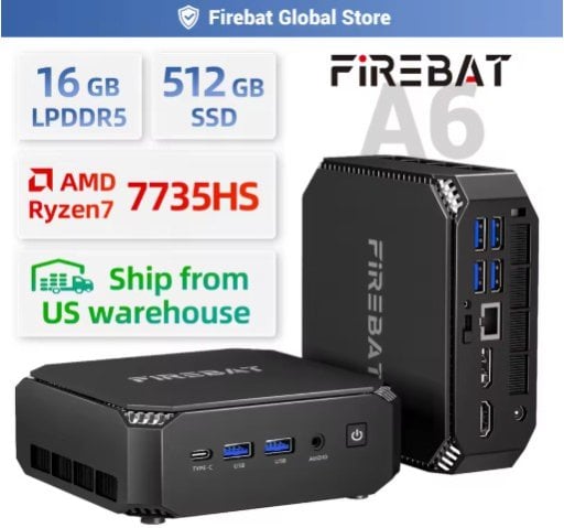 FIREBAT A6 Mini PC with AMD Ryzen 7 7735HS 16GB LPDDR5 RAM 512GB SSD Deal