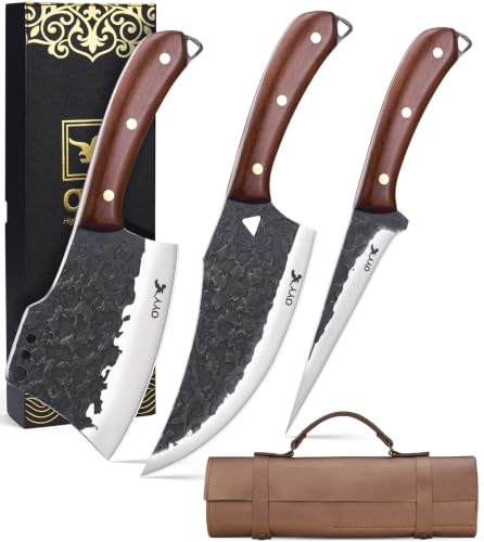 3PCS Forged Butcher Axe Knife Set With Leather Roll Bag Deal