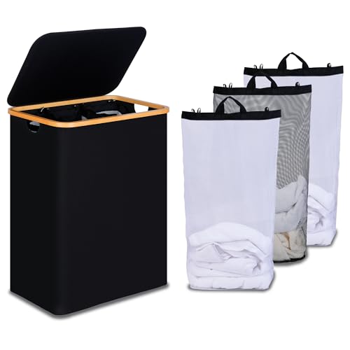 Efluky 160L 3-Section Trio Laundry Basket w/ Lid & 2 Removable Bags Deal