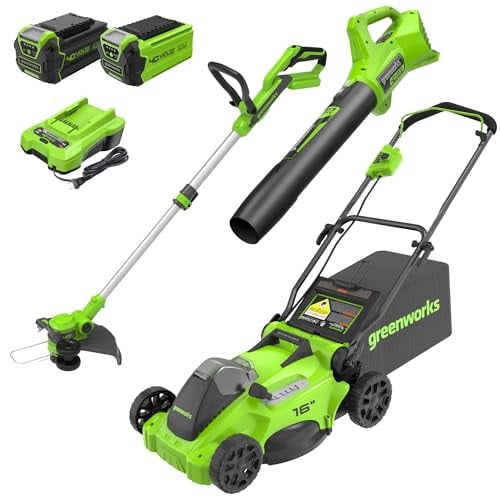 Greenworks 40V 16" Brushless Cordless Lawn Mower + Blower (350 CFM) + 13" String Trimmer